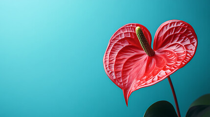 Vibrant red anthurium flower with heart shape against a teal blue background