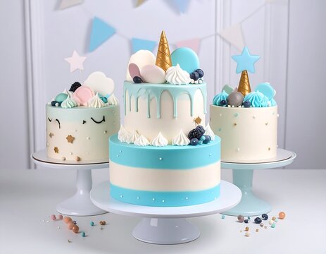 Three decorated cakes on tiered stands