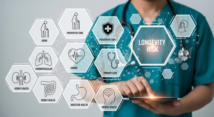 Longevity Risk Healthcare Concept — Doctor with Digital Hexagon Icons for Aging, Preventive Care, Cardio, Respiratory, Kidney, Digestive & Mental Health