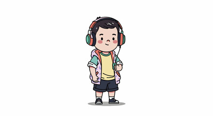 A cartoon boy wearing headphones and standing in a blank space