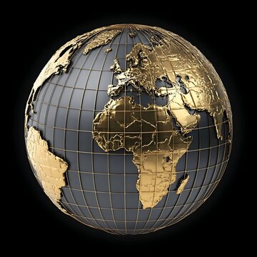  3D rendering of a metallic globe with gold contin
