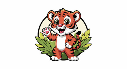 A cartoon tiger surrounded by leaves holding a flower in a circular frame