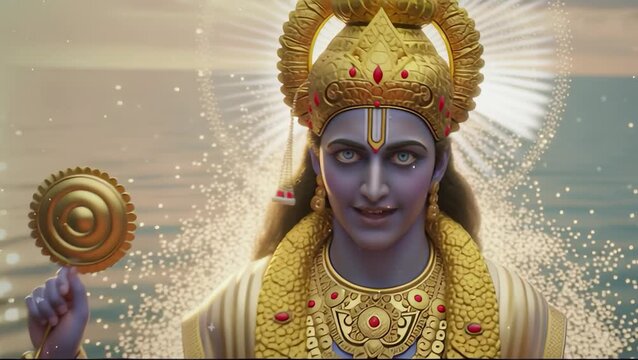 Lord Vishnu stands poised, holding the Sudarshan Chakra and conch, radiating divine power, cosmic balance, and celestial majesty.