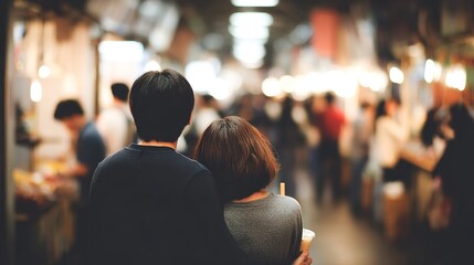 Couple Embracing in a Lively Market with Soft Lighting Glow