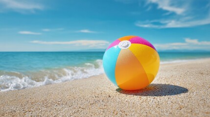 Obraz premium A vibrant beach ball sits on golden sand as gentle ocean waves roll in. The bright blue sky adds to the cheerful atmosphere typical of a summer day at the beach.