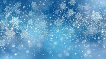 Snowflakes of various shapes cascade gracefully through the air, creating a winter wonderland. The serene blue background enhances the tranquil and festive atmosphere of the season.