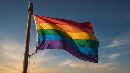 Bandera arcoíris ondeando al viento sobre cielo al atardecer, símbolo del orgullo LGBT y la diversidad