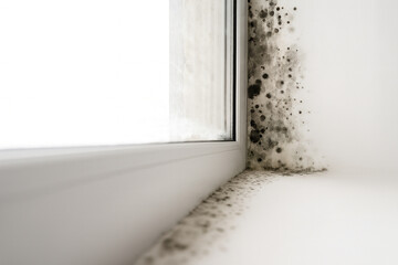 Black mold on window sill from condensation. Damp wall, moisture damage, health risk, hygiene issue. Remediation, cleaning, prevention, insulation, HVAC, home repair—blogs, banners, ads.