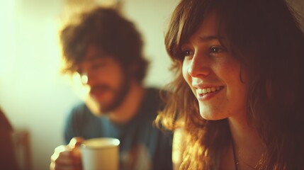 Warm Coffee Moment with Smile and Soft Light in Cozy Setting