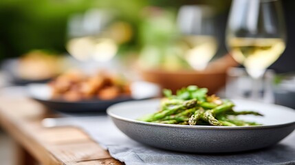 Fresh Asparagus Plate with White Wine and Gourmet Dishes Outdoors