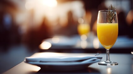Refreshing Citrus Beverage in Elegant Glass on Table at Sunset Scene