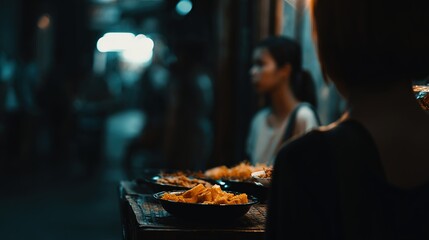 Vibrant Street Food Scene with Dim Lighting and People in Background