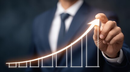 Businessman strategizing, drawing growth chart on interactive screen for market analysis and projection.