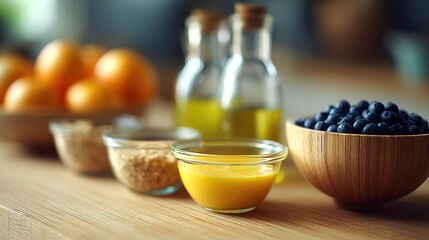 Fresh Ingredients on Wooden Table for Healthy Cooking and Meal Prep