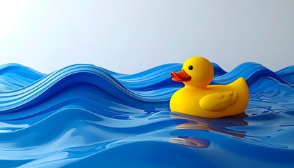 Pato de goma amarillo flotando sobre olas azules en fondo minimalista con diseño divertido y colorido