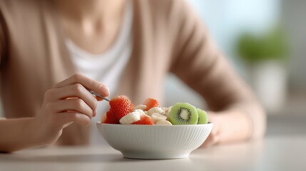 Fresh Fruit Salad in a Bowl with Strawberries, Bananas, and Kiwi