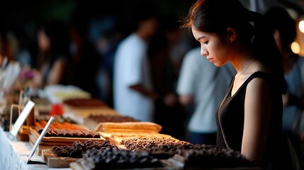 Young Woman Contemplating Chocolate Treats at Night Market Stall