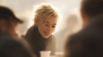 Young Woman Smiling in Soft Light at Outdoor Café Table Scene
