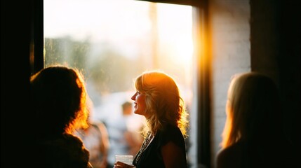 Young Woman Enjoying Sunset View at Social Gathering Indoors