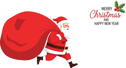 Santa Claus runs with a large sack of gifts, spreading holiday cheer.