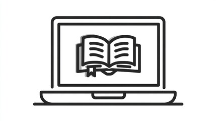 A simple line drawing of a laptop computer displaying an open book icon on its screen, suggesting online reading or digital learning