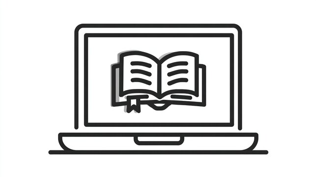 A simple line drawing of a laptop computer displaying an open book icon on its screen, suggesting online reading or digital learning