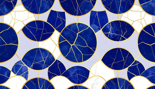 Geometric pattern of overlapping circles, blue and white, with gold cracks and lines