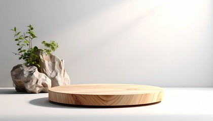 Wooden Round Podium with Natural Texture on White Background