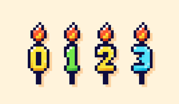 A set of pixel art birthday cake candles. Numbers from 0 to 3
