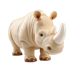 Cream-colored rhinoceros figurine.  Detailed carved design.  Beige/ivory tone.  Large horn.  Animal figurine