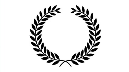 Obraz premium A simple, black, circular laurel wreath composed of stylized leaves, depicted on a white background. The leaves are uniformly sized and densely packed, creating a solid wreath