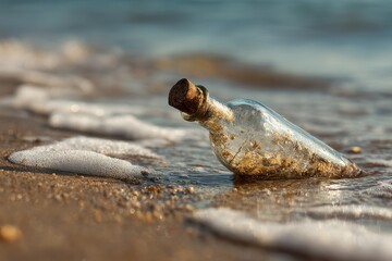 Glass Bottle with Cork on Sandy Beach Shoreline Surrounded by Gentle Waves and Soft Foamy Surf at Golden Hour