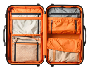 Organized Travel Essentials: A detailed shot presents an open suitcase, showcasing thoughtfully arranged compartments and various travel essentials inside.