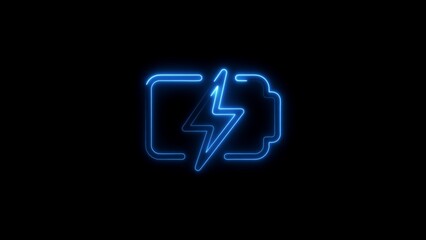 Obraz premium Glowing neon battery symbol with lightning bolt icon on a black background