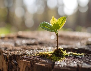 Brote verde creciendo sobre un tronco en un bosque iluminado por luz natural