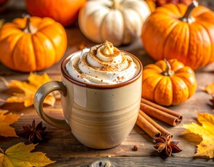 Warm Autumn Pumpkin Spice Latte with Rustic Ceramic Mug and Seasonal Details