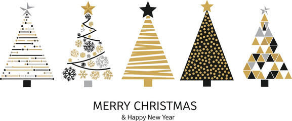 Elegant Christmas trees in modern geometric designs with festive gold and black accents