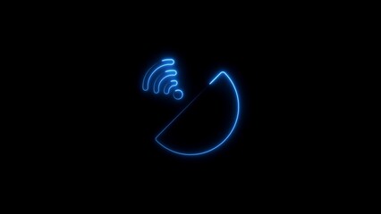 Glowing neon satellite dish with wi-fi signal symbol against a dark black backdrop