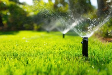 Sprinklers watering a lush green lawn on a sunny day, keeping the grass healthy and vibrant in a landscaped garden