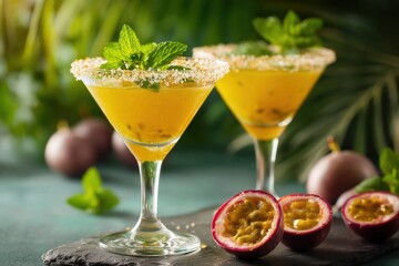 Fototapeta premium Tropical passion fruit cocktails in martini glasses, garnished with mint and sugar rims, surrounded by fresh passion fruit and greenery