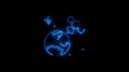 Neon blue glowing earth and satellite illustration in deep space abstract concept