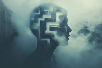 Obraz premium Surreal Silhouette of a Human Head with Maze Inside – Concept of Mind, Confusion and Inner Search