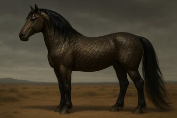 Fototapeta premium Mythical fantasy horse with reptilian snake-like scales standing in a wild, arid landscape