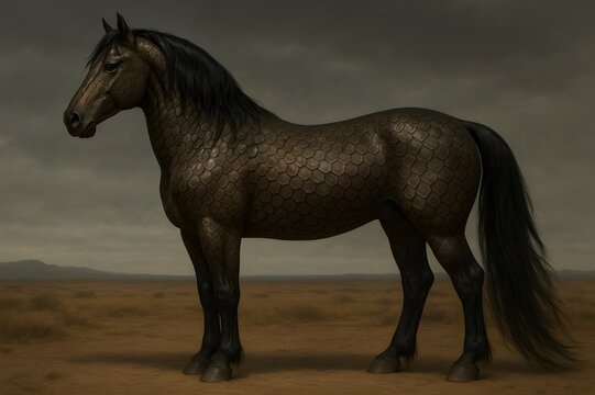 Mythical fantasy horse with reptilian snake-like scales standing in a wild, arid landscape