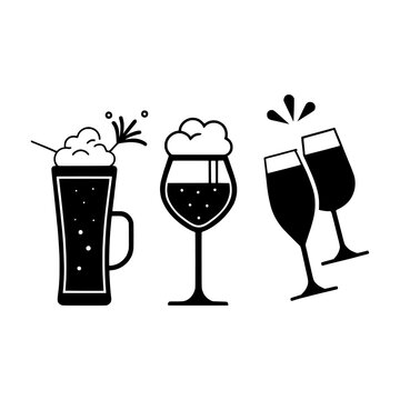 Three stylized black silhouette illustrations of alcoholic beverages including a frothy beer mug a stemmed glass of beer and two clinking champagne flutes isolated on white background isolated on tran