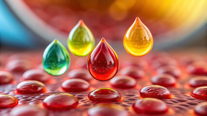 Colorful drops of nutrient solution entering bloodstream artfully, vibrant red cells and glowing liquid drops evoke healing
