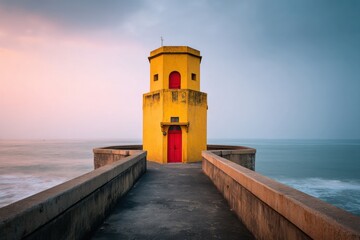 A vibrant yellow lighthouse with red doors stands at the end of a pier, surrounded by calm ocean waters under a colorful sky