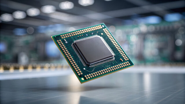 Floating circuit board with embedded fda certifica microchip levitating over production floor, sleek metallic sheen and soft