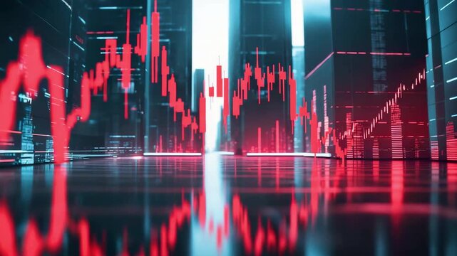 Red Stock Market Graph Declining Over City Buildings Representing Financial Crisis