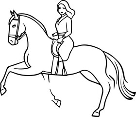 Black and white line art of a beautiful woman with perfect body riding horse elegant minimalist illustration
